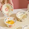 Cute Ceramic Dessert Bowl Round Cartoon Salad Bowl Tableware Household Eating Rice Bowl Dormitory Couple Bowl Spoon Set