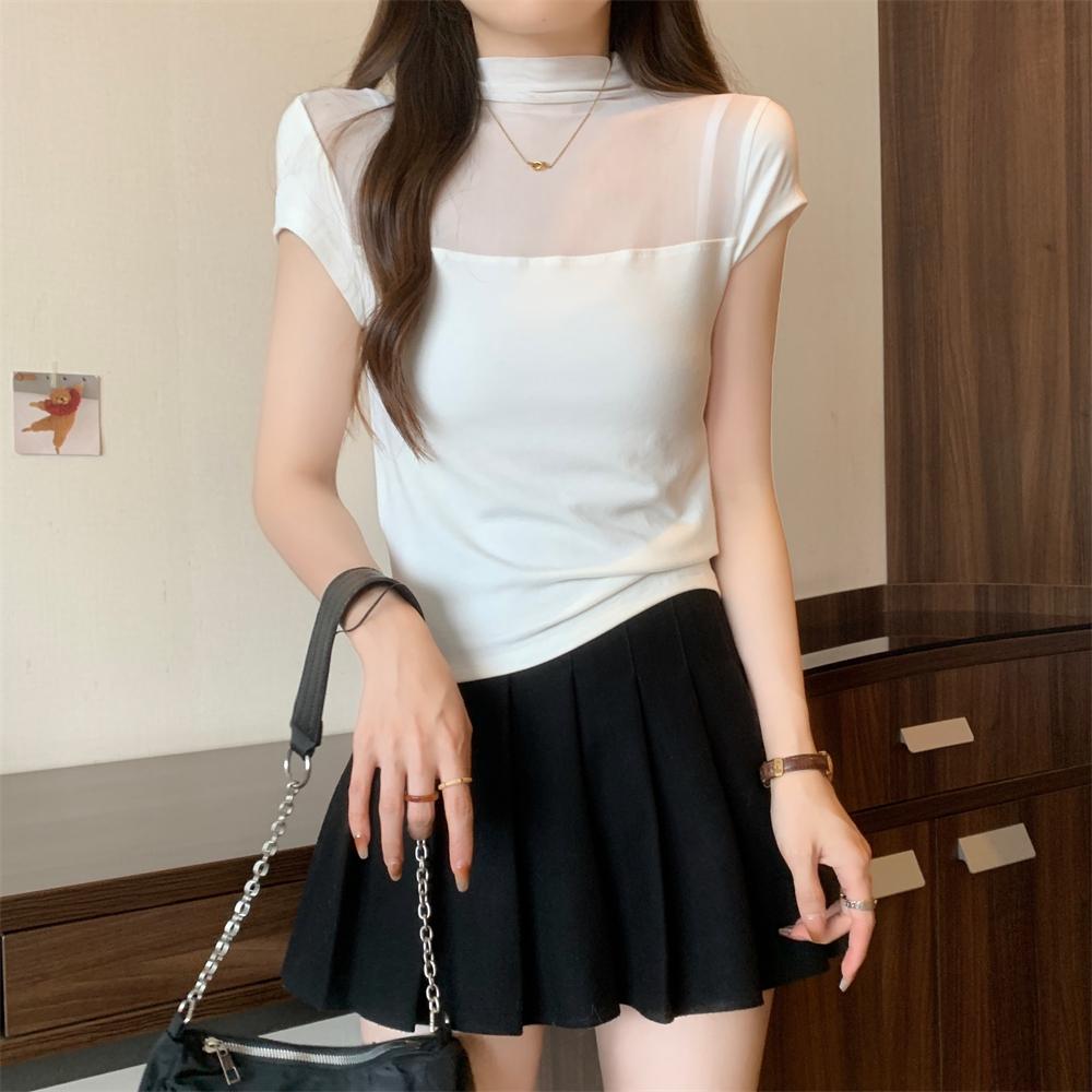 

Летняя футболка из чистого хлопка с сетчатым узором для женщин, однотонная футболка с коротким рукавом и круглым вырезом, перспектива, тонкие эластичные обтягивающие черные топы XL