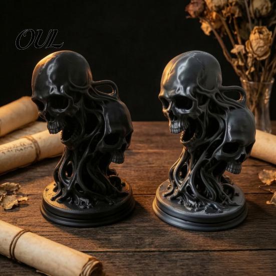 Spooky Bar Decor 3D Printed Double Skull Ornament, Resin Twisted Skeleton Figurine, Gothic Desktop Durable Halloween Table Decorations Statue for Home