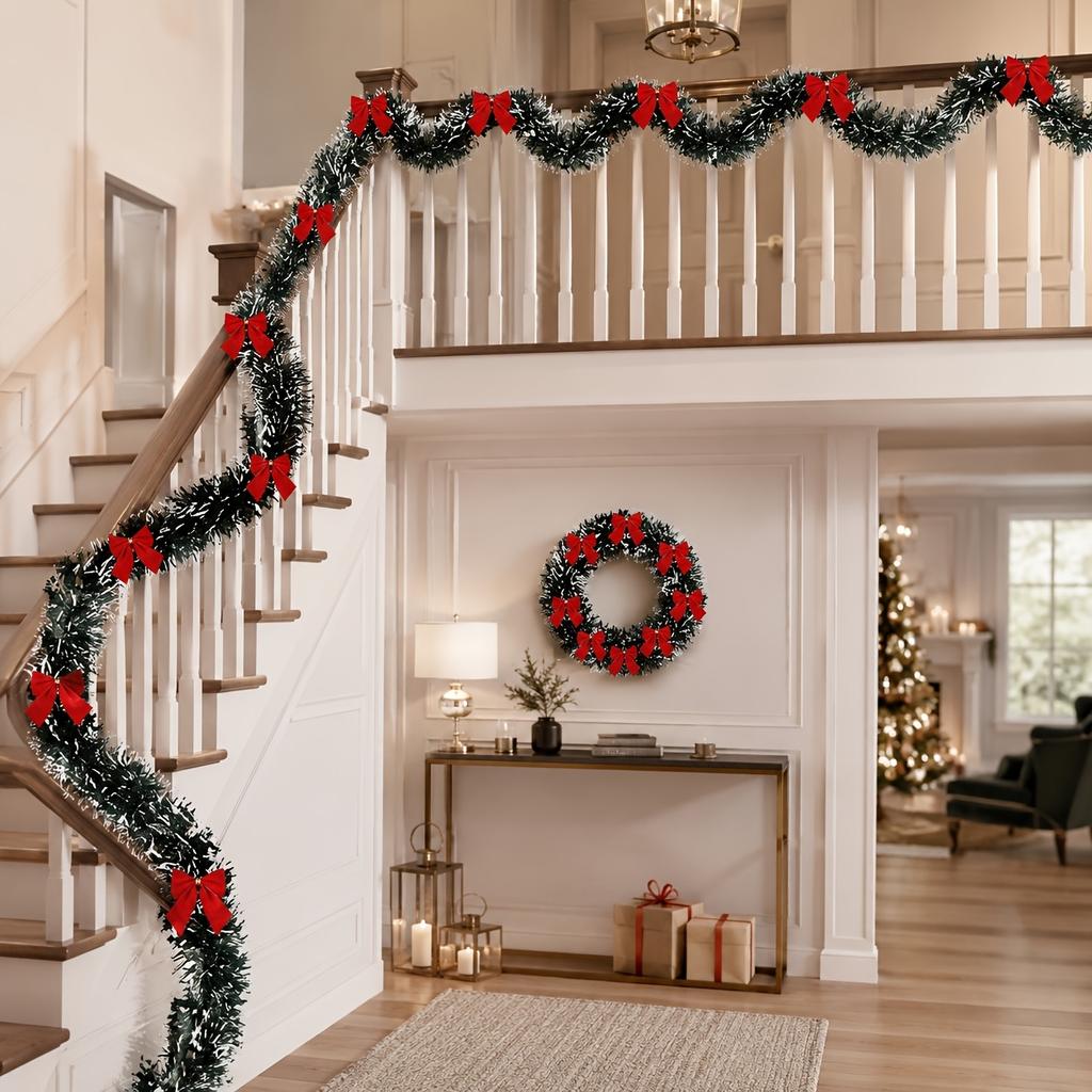 28-Piece Red Bow & Green Christmas Tinsel Garland - Dense & Shiny Holiday Sequin Party Wreath for Tree and Indoor/Outdoor Decor