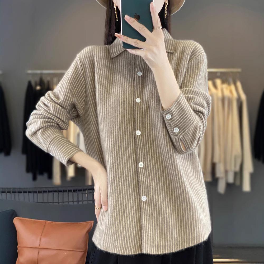 

Shi Xi Women s Soft Striped Knit Cardigan – Color Block, Polo Collar, Loose Long Sleeve One Size верблюд