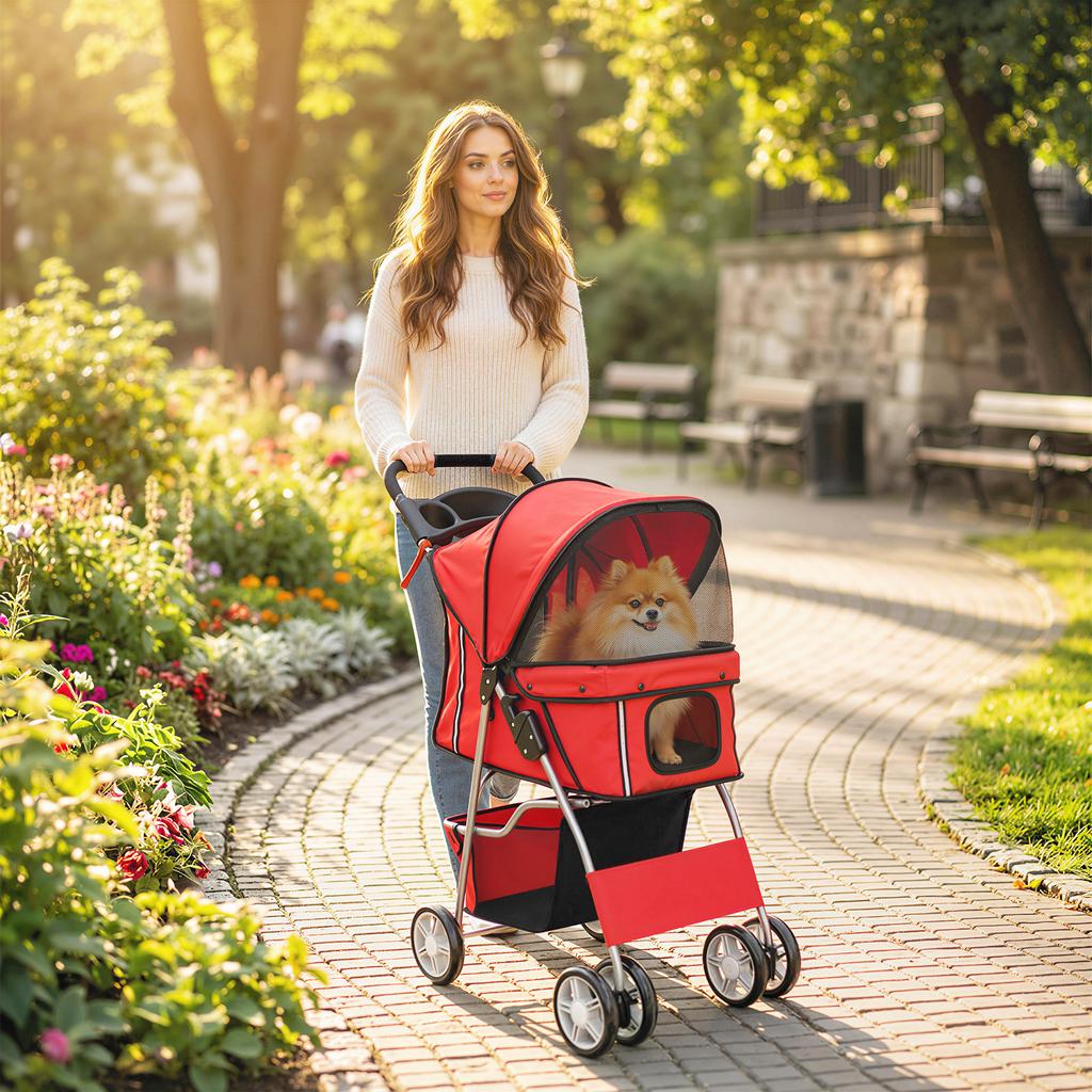 Dog Pram, Pet Stroller with Reflective Strips, Foldable Cat Stroller with 360 Degrees Swivel Wheels, Red