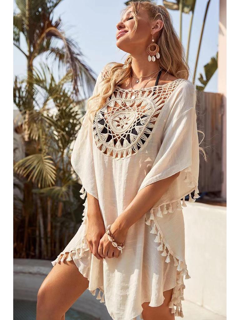 2021 Plus Size Off-Shoulder Tassel Cutout Beach Cover-up