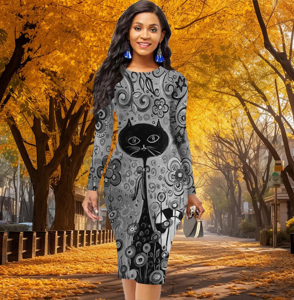 Long Sleeve Waist Tight Office Slim Fit Long Necked Animals Printing Elegant Bodycon Dress