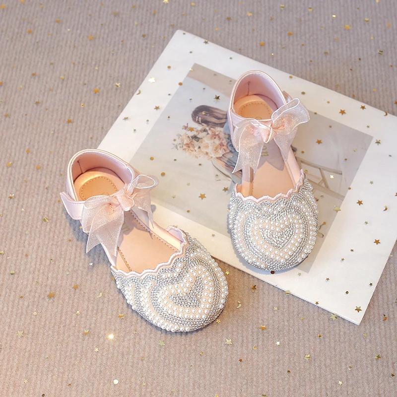 Girls Half Sandals Kids Princess Flat Shoes with Lace Ribbon 2025 Spring Summer Bow-knot Pearl Heart Shape Rhinestone Sweet Chic