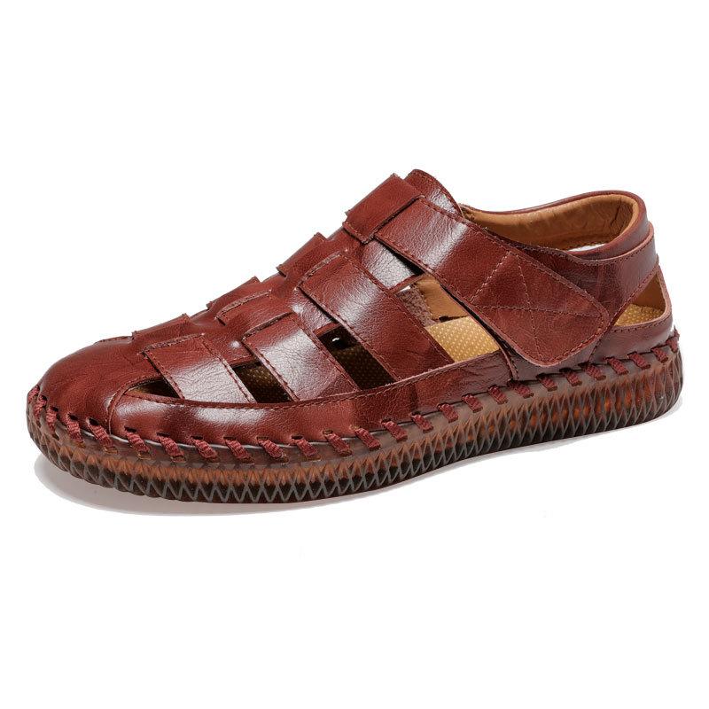 

Summer sandals men s leather breathable casual shoes trendy cowhide beach shoes hollowed out handmade bag head leather shoes lazy shoes 48