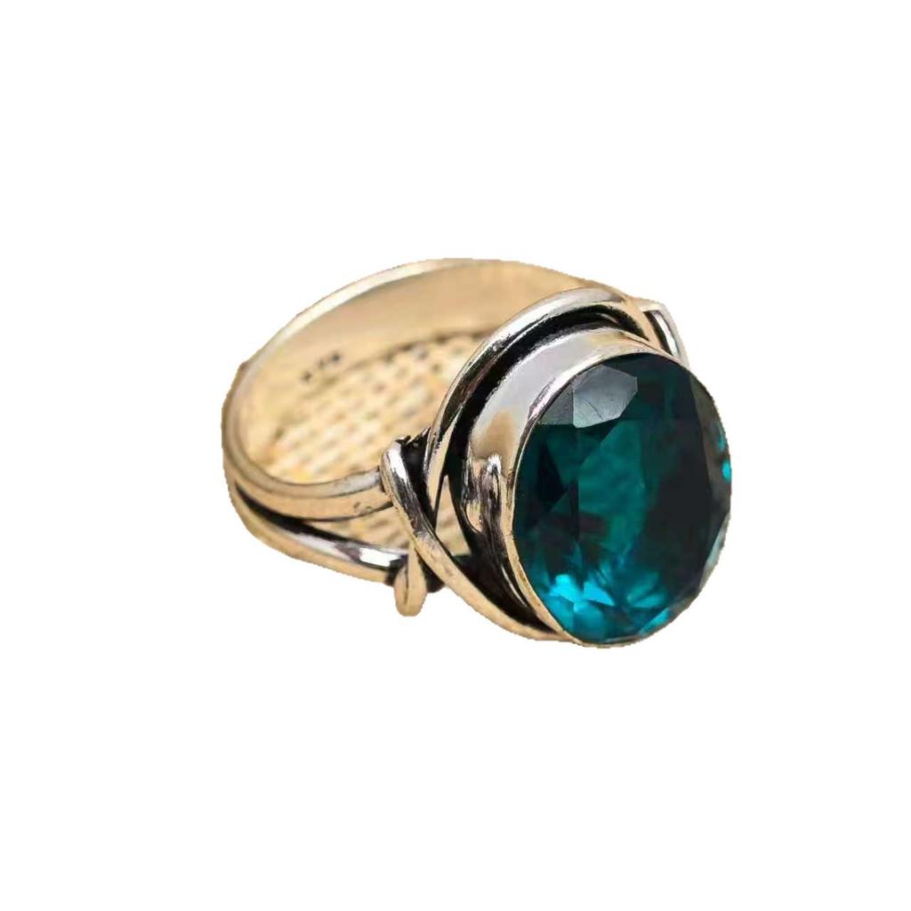 Vintage Two Color Inlaid Imitation Pearl Blue Pattern Womens Ring Geometry Hollow Daily Wear Party Jewelry
