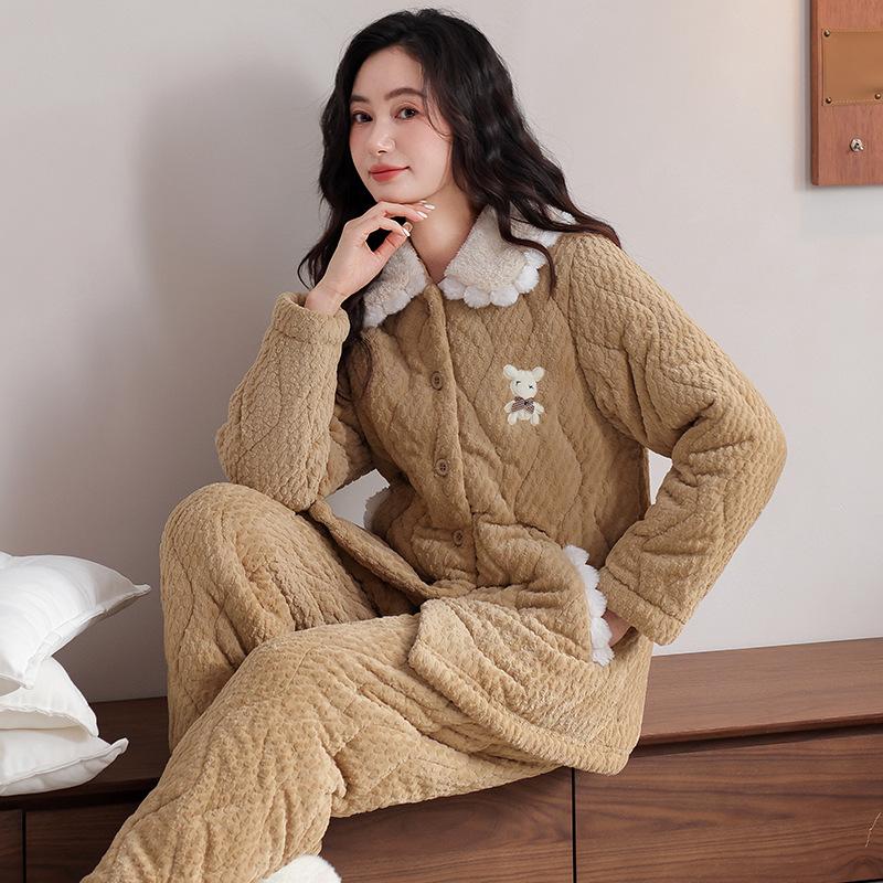 Three-Layer Padded Pajamas Women'S Winter Coral Fleece Thickened And Fleece Padded Jacket Thermal Suit Can Be Worn Outside Loungewear In Winter