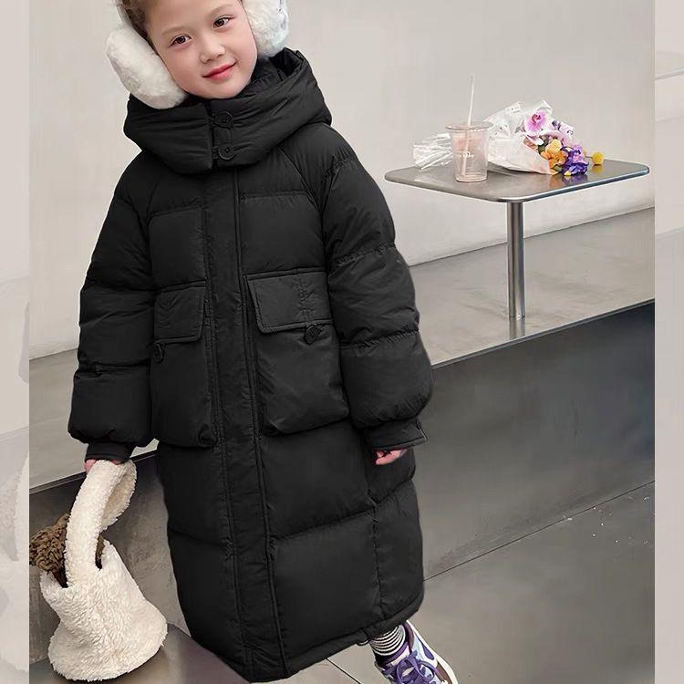 Girls Long Down Cotton Jacket Korean Style Fashionable Stylish Cotton Jacket for Middle and Large Children with Hooded Casual