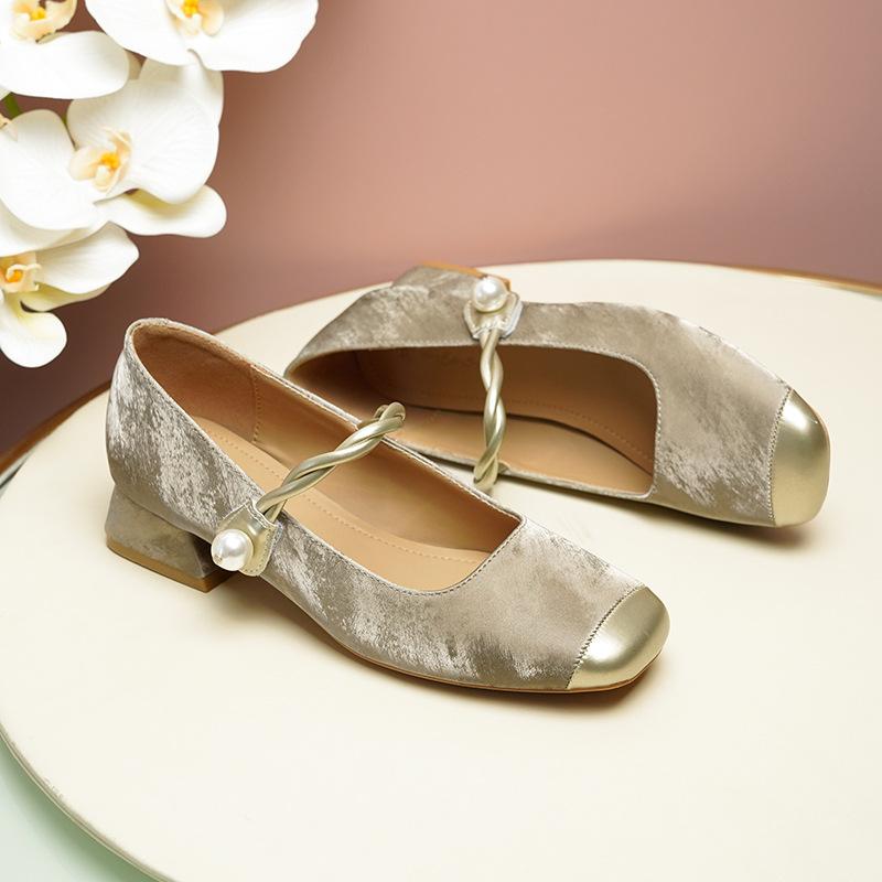Mary Jane square head single shoes with thick heels single shoes splicing single shoes female celebrity with cheongsam