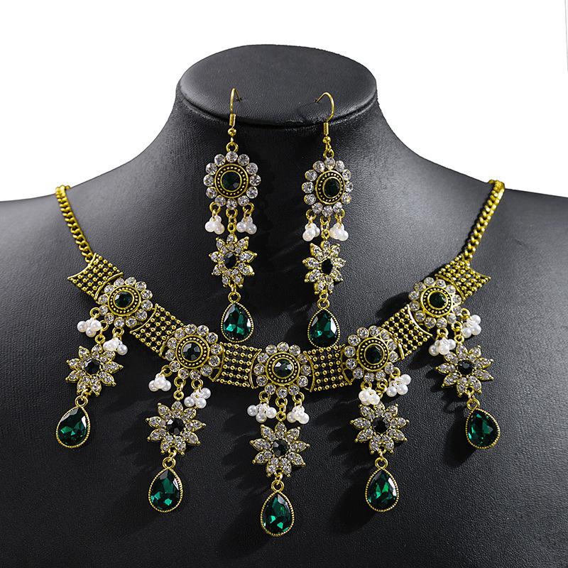 Bohemian Crystal Jewelry Set Fashion Vintage Ethnic Gemstone Tassel Necklace Earrings Set