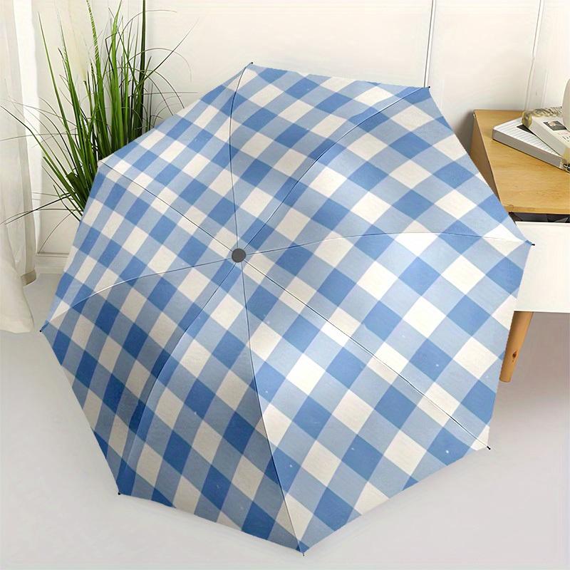 1pc Blue Checkered Pattern Automatic Open/Close Umbrella with One-Touch Button, Compact Folding Canopy, Sturdy 8-Rib Windproof Design -046