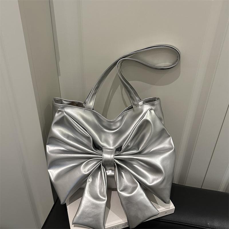 Bow Pleated Design Women's Pu Leather Shoulder Bags Sweet Solid Color Ladies Tote Bag Large Capacity College Female Handbags