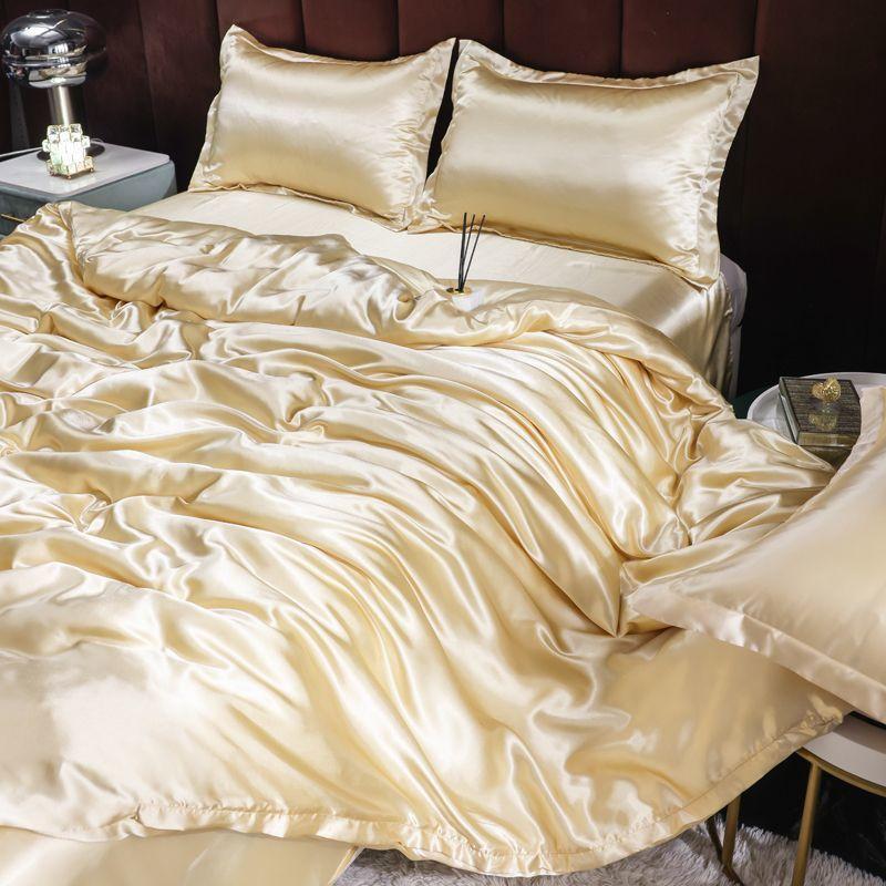 Double-sided four-piece set silky cool solid color three-piece set bed sheet quilt cover summer cool bedding