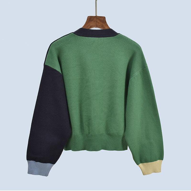 Loose Laid-Back Preppy Style Long Sleeves Retro Color-Block V Neck Knitting Outwear Female Spring Autumn Outerwear Slimming Sweater Cardigan