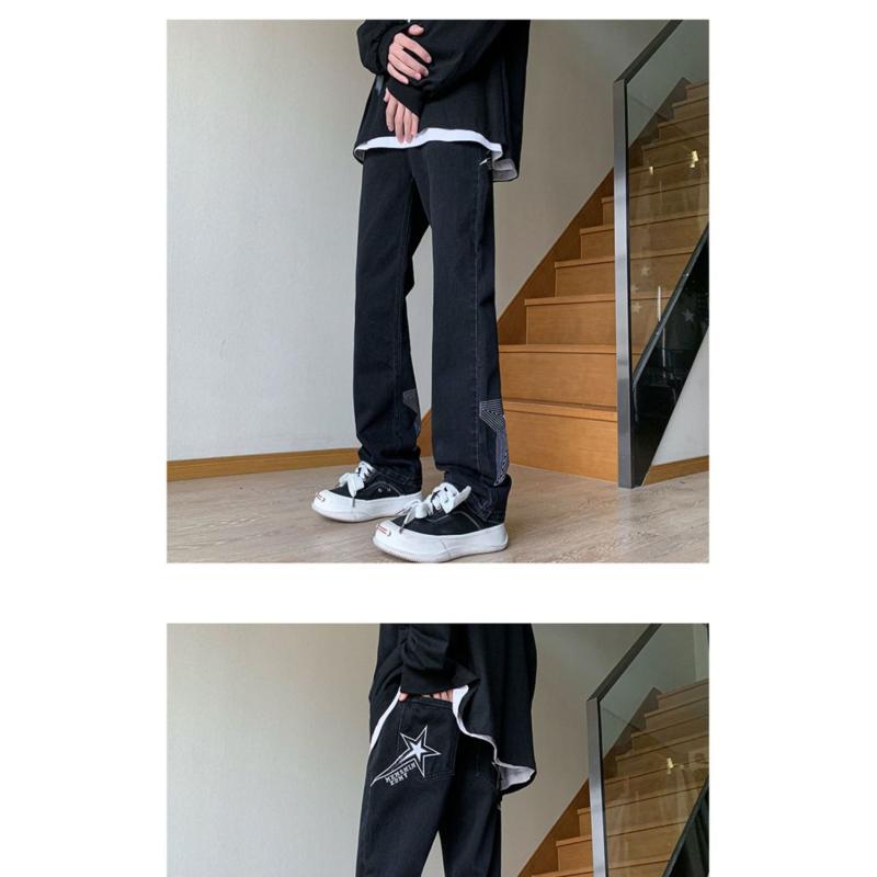 Calças estilo americano vibe high street bordado azul claro estrela jeans design masculino senso calças retas