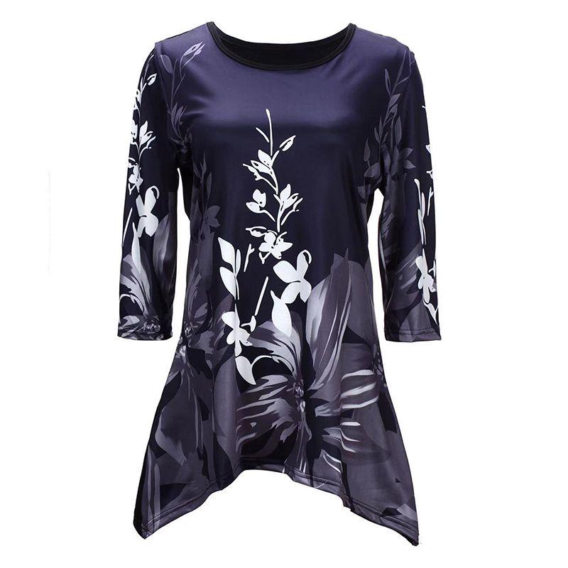 Plus Size Womens Asymmetric Floral Printed Short Sleeve Tunic Blouse For Summer Comfort
