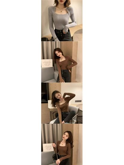 Women's Slim Fit Knitted Sweater: Stylish Square Neck Two-Piece Design for Autumn/Winter