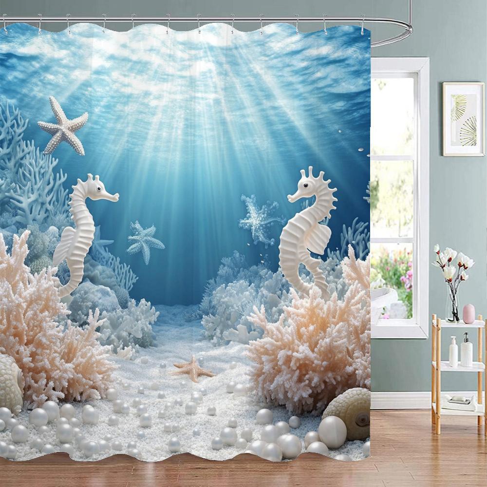 Ocean Animals Shower Curtains,Dolphin Sea Turtle Fish Coral Underwater Cave Scenery Fabric Children Bath Curtain Bathroom Decor
