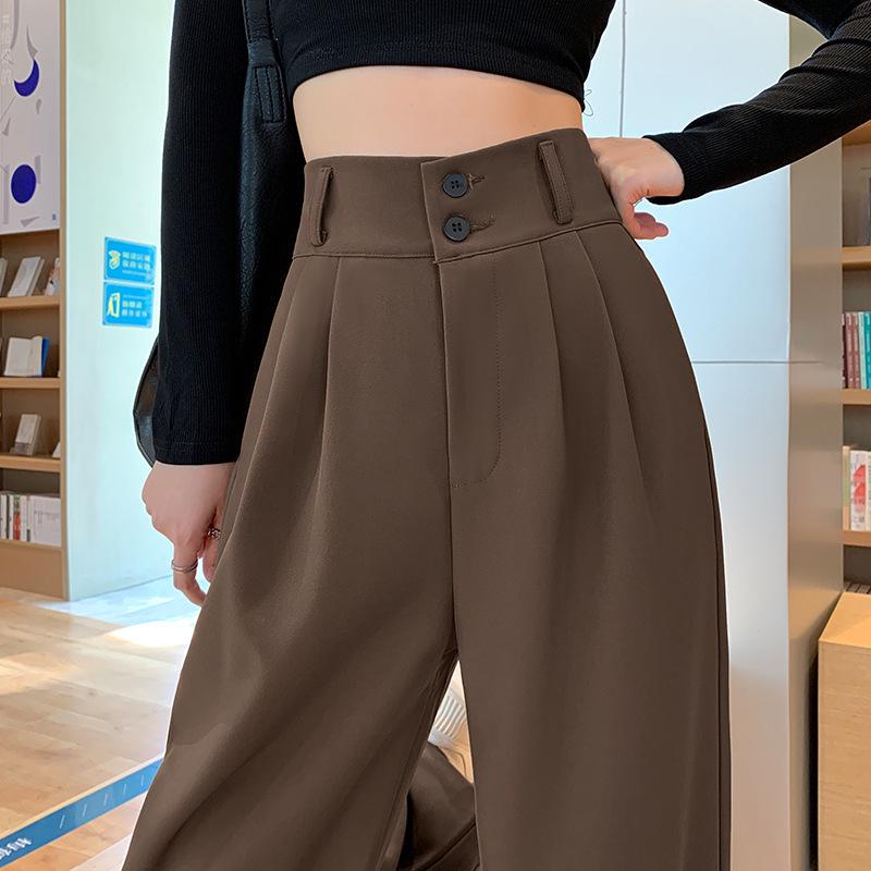 

2026 New Style Petite High-Waisted Wide-Leg Pants for Women - Casual, Floor-Length, Coffee Brown, Straight Suit Pants for Spring & Autumn Large