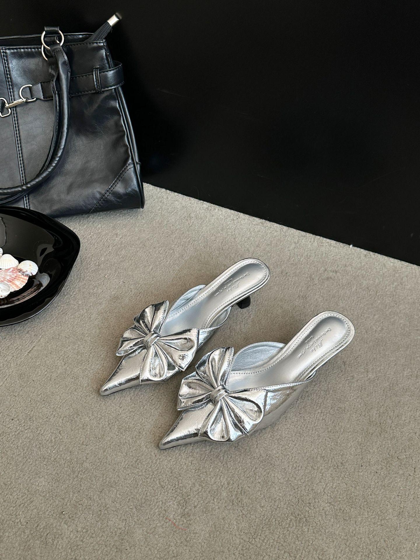 Women s Silver Bowknot Spring French Style Elegant Outdoor Wear Slippers - Perfect for Daily Wear 35 серебряный