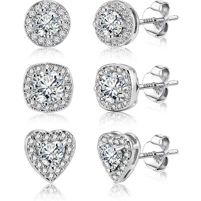 Hypoallergenic Silver Stud Earrings for Women Cubic Zirconia Halo Round Heart Square Diamond Large Silver Stud Set Earring