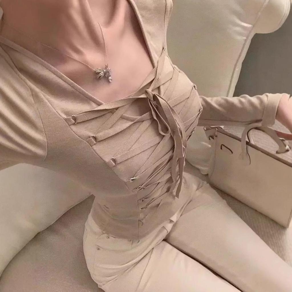 2025 Stylish Crisscross Tie-Up Long Sleeve Slim Fit Shirt for Women