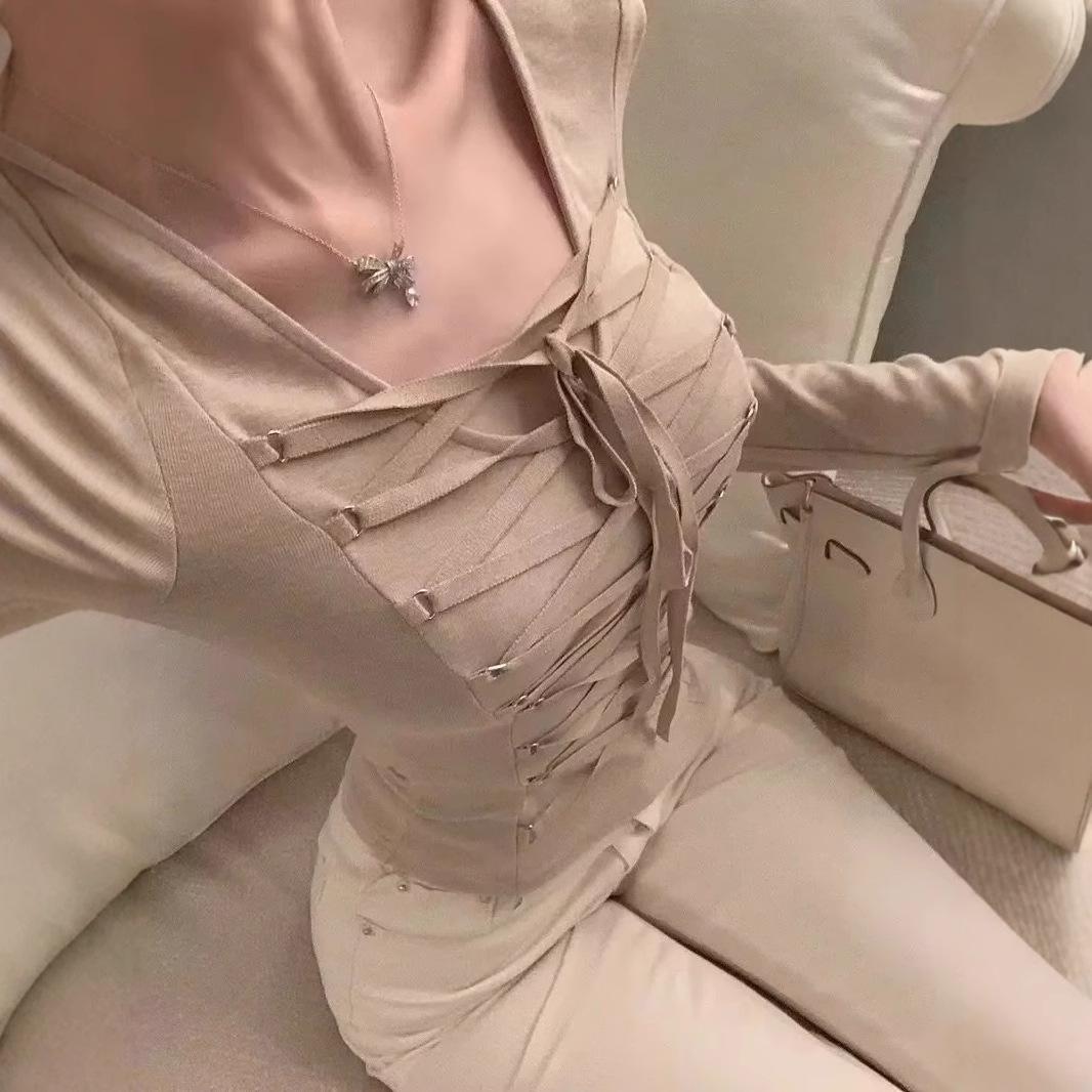 

2025 Stylish Crisscross Tie-Up Long Sleeve Slim Fit Shirt for Women Small світло-рожевий колір