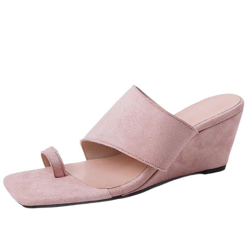 Clip thumb slope heel thick sole high heel beach shoes square head summer fashion casual thin feet literally cool slippers women's shoes