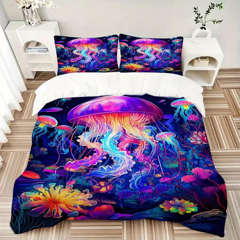 3pcs Colorful Jellyfish Bedding Set - Includes One Quilt Cover and Two Pillowcases (No Core) - Anime Cartoon Design, Perfect for Bedroom and