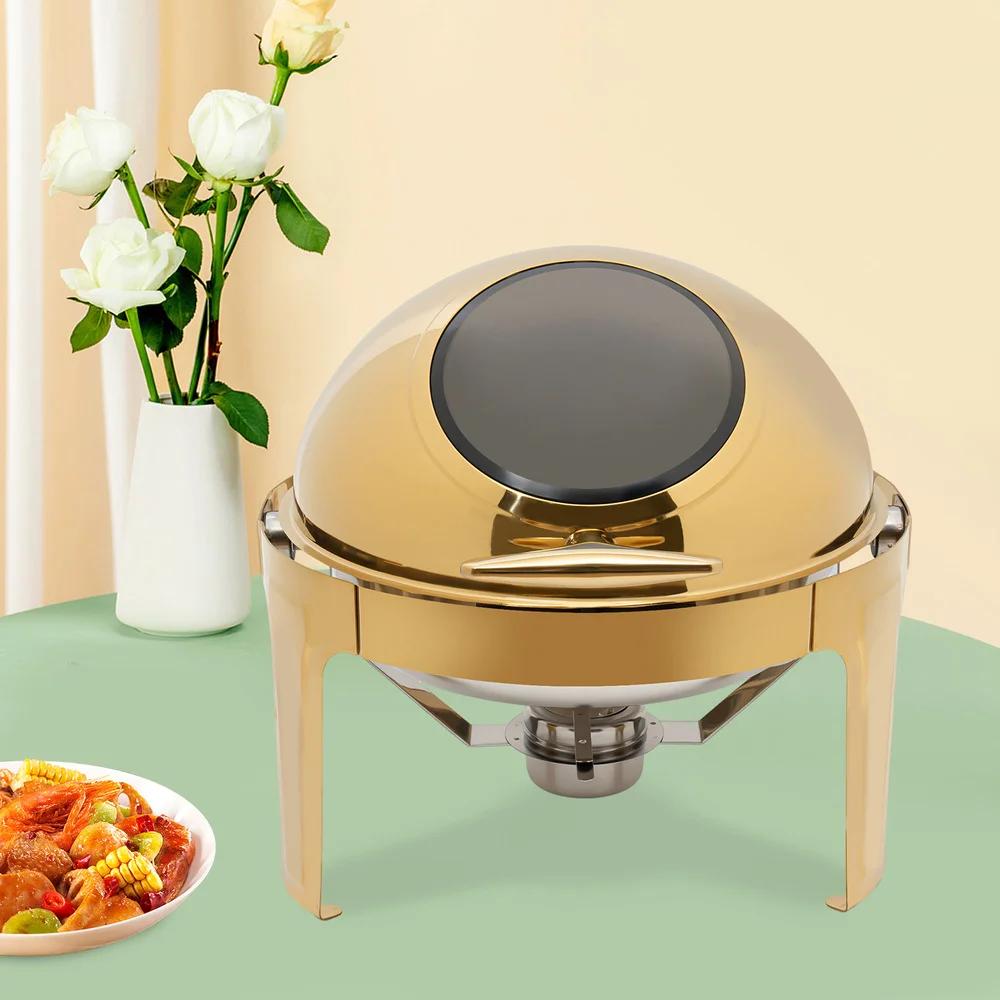 Bymaocar Round Tabletop Chafing Dish Roll Top Stainless Steel 90°/180° Opening Buffet Warmers with Visible Lid & Thickened Feet