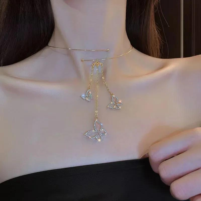 Moda Europa e América Cor Dourada Aço Inoxidável Pingente de Colar com Franja Gota d'Água para Mulheres Corrente Clavicular Joias de Festa