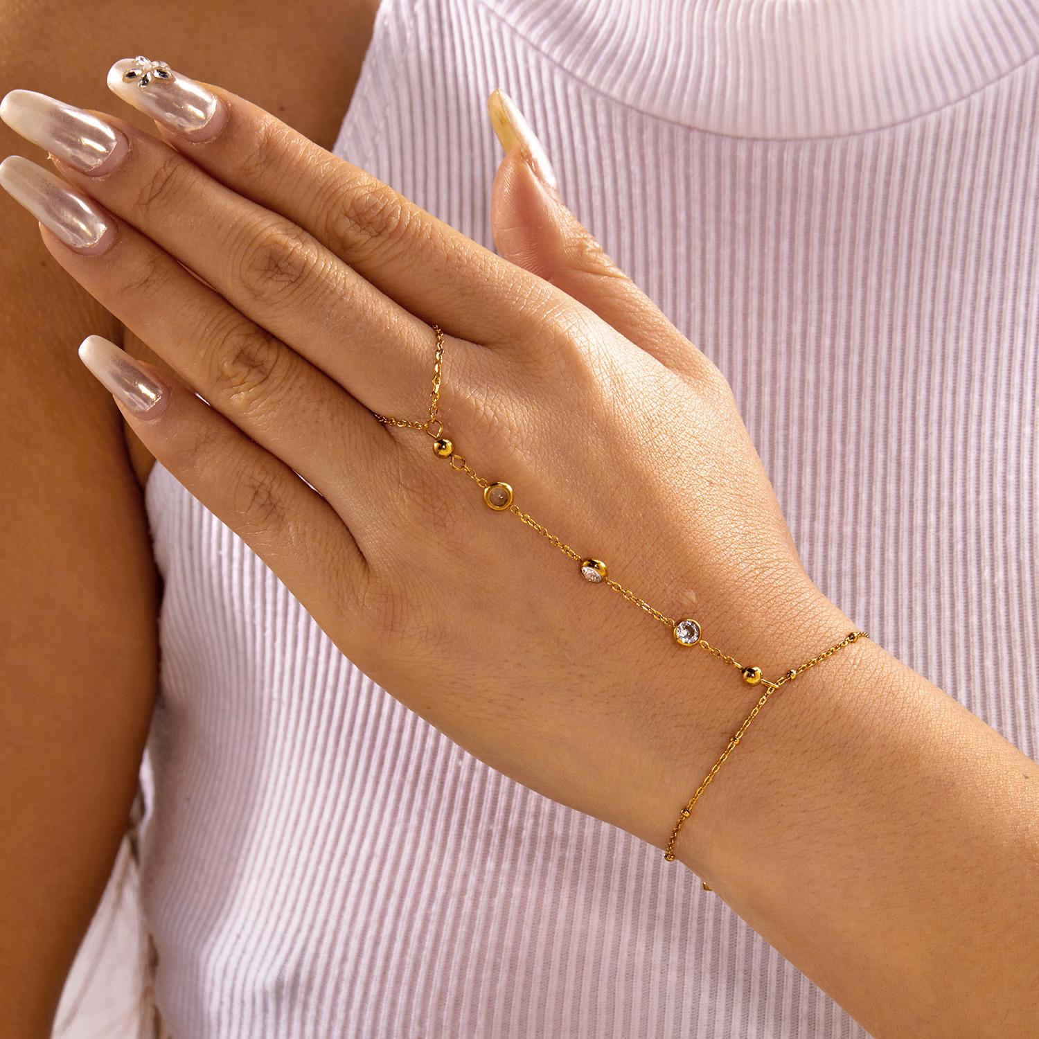 Elegant Bezel Zircon Hand Chain for Women Stainless Steel Link Ring Bracelet Dainty Stacking Hand Jewelry Accessories