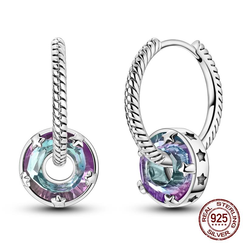 Luminous Shell Women Earrings Original 925 Sterling Silver Pave CZ Star Moon Hoop Earrings Engagement Wedding Jewelry