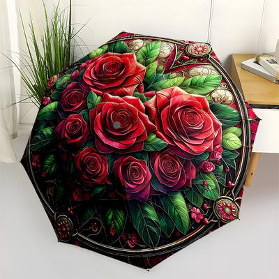 Stunning Rose Garden Stained PanelUmbrella, Portable 3-Fold Compact Umbrella for Men & Women Gift