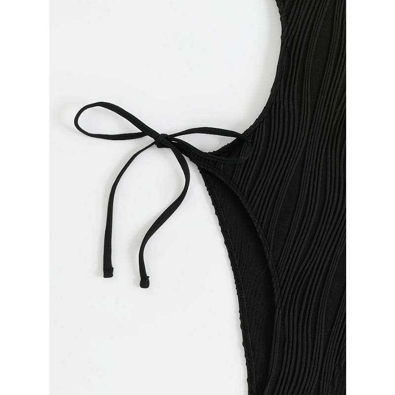 Ribbed Knit Halter Cutout One Piece Swimsuit Tie Side High Cut Bathing SuitSolid Color