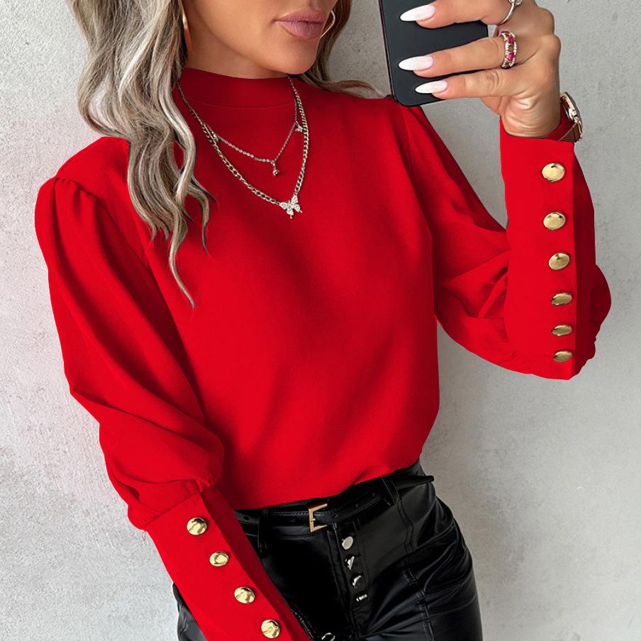 

Женская базовая рубашка Весна и Осень С длинным рукавом Однотонная Кружево Круглый вырез Рубашка на пуговицах Приталенная рубашка M