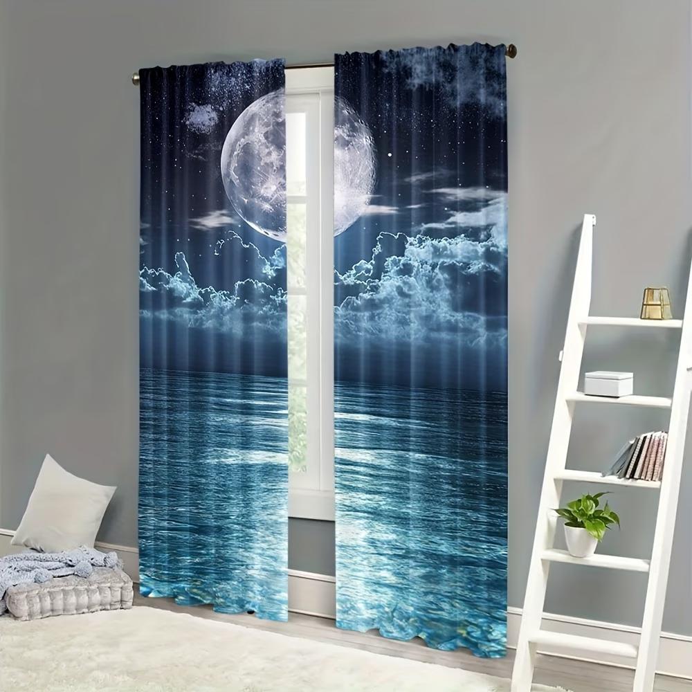 2PC Moonlit Ocean Curtains - Serene Night Sky Print Window Drapes for Bedroom Living Room Decor