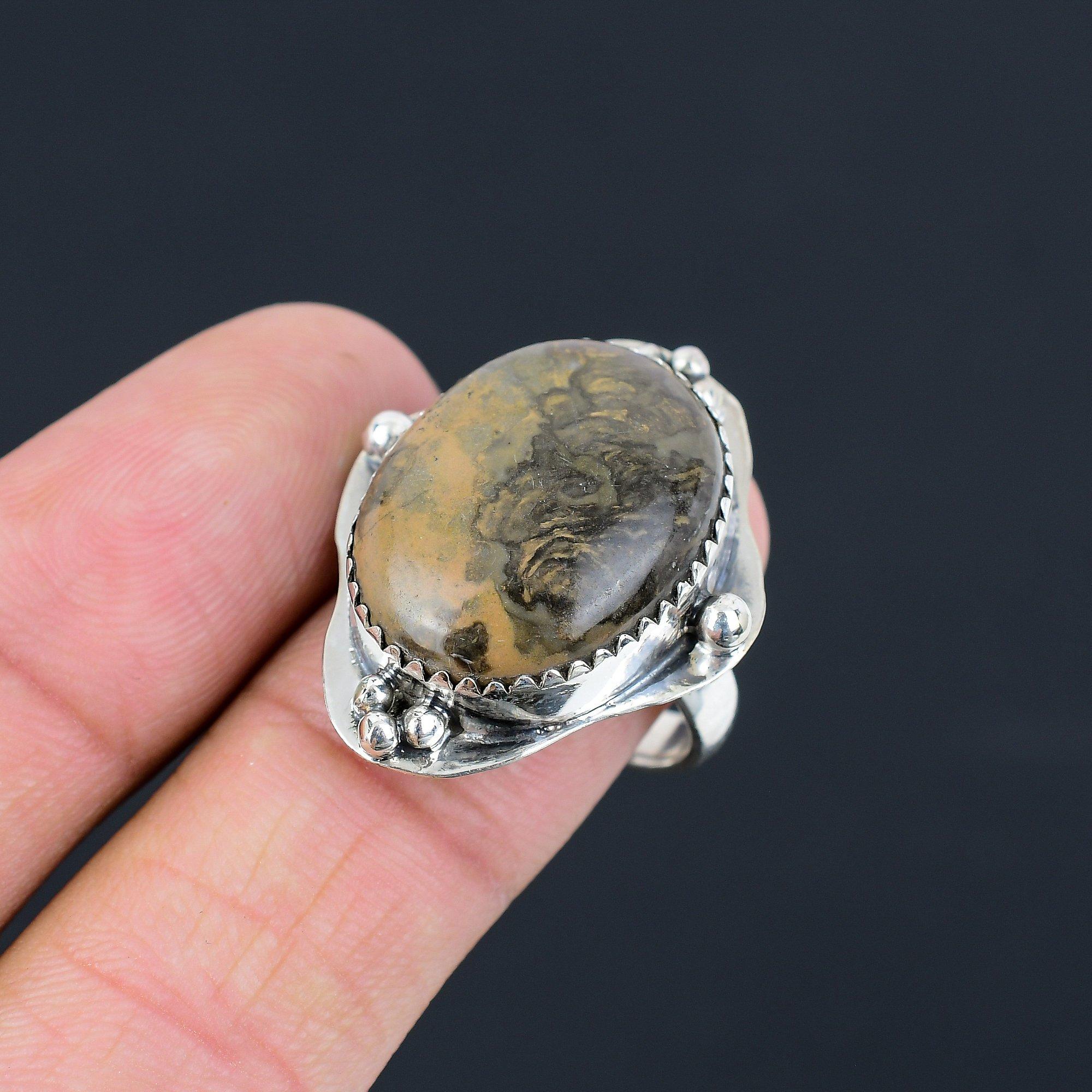 Gift For Her 925 Silver Natural Peanut Wood Jasper Gemstone Promise Ring Size 9 9