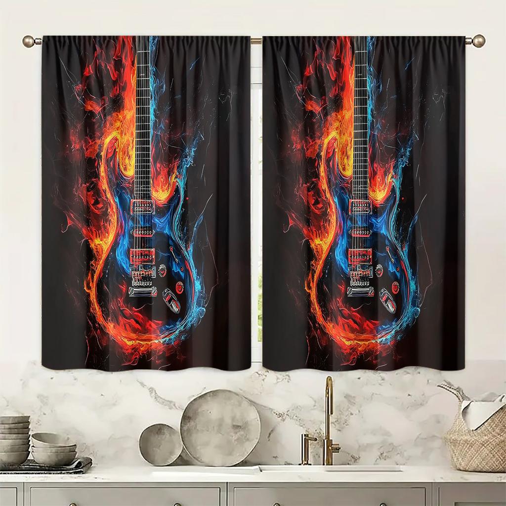 Flame Guitar Hd Print Polyester Curtains Pocket Rod Top Bedroom Living Room Office All Season Art Home Decor Made Of Window Treatment