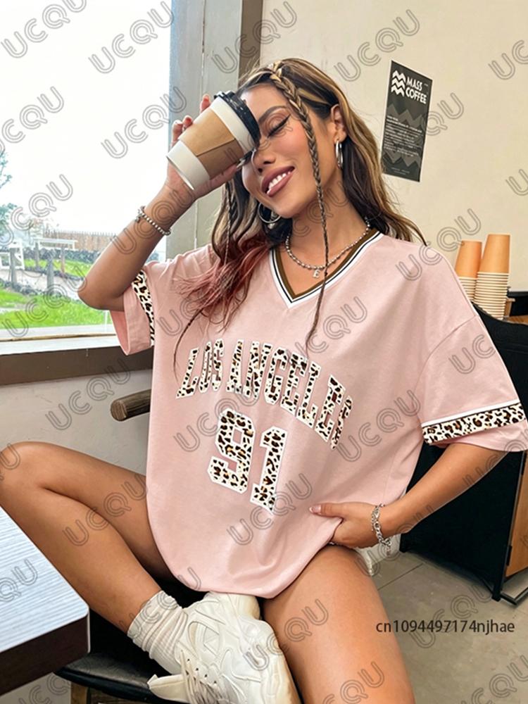 Sommer Neu Leopard Los Angeles 91 Print T-Shirt Für Damen V-Ausschnitt Kurzarm T-Shirts Sport Fußballtrikot Y2K Übergroße Oberteile