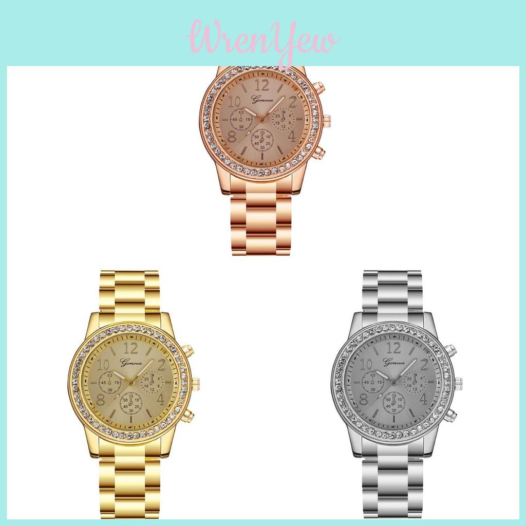 Womens Stylish Diamond Embellished Round Steel Wristwatch With 24h Indicator And Quartz Movement