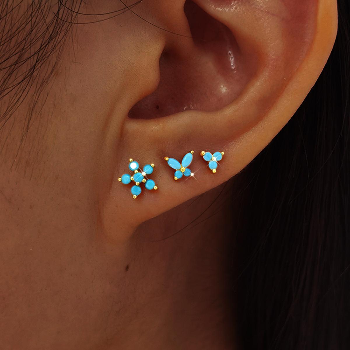 Tuiying003 Women's Gold 3Pcs Stainless Steel Flower Stud Earrings Set For Zircon Helix Ear Tragus Cartilage Piercing Earrings Jewelry Accessories