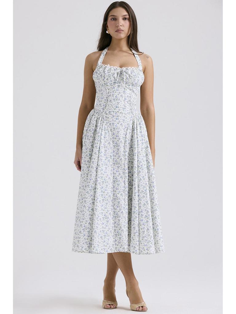 2025 European & American Style Summer Slim Spaghetti Strap Printed Halter Lace Dress