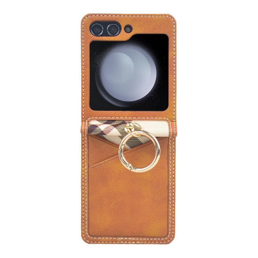 For Samsung Galaxy Z Flip7 FE 5G/Z Flip6 5G Case Metal Ring Card Holder Leather Coated PC Phone Cover