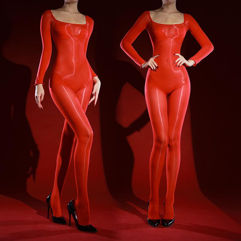 Sexy Full Body One-Piece Open Crotch Stockings High-Cut Seamless Off-Shoulder 5D Ultra-Thin Unisex Glossy Lingerie
