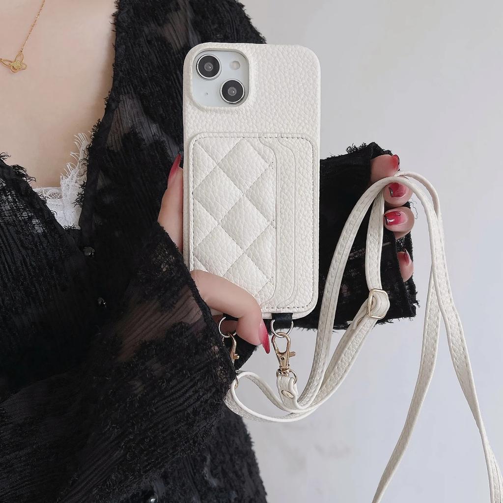 Luksuriøs kortholder med snor for crossbody, telefondeksel for IPhone 15 14 Plus 13 12 11 Pro Max, lommebok, stropp, snor, veske, skinndeksel