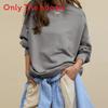 Basic Sweatshirt For Women With Knit Cotton Fabric And Long Lantern Sleeves For Casual Streetwear