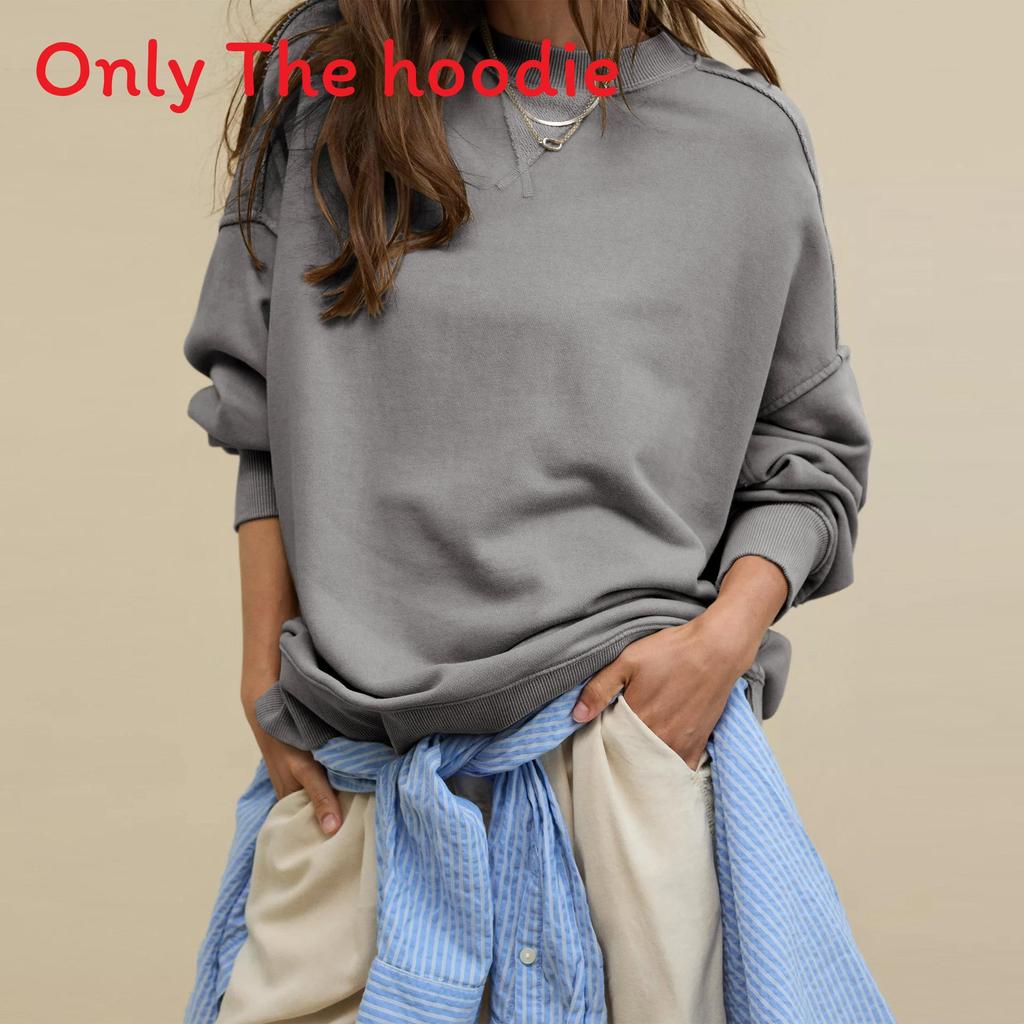 Basic Sweatshirt For Women With Knit Cotton Fabric And Long Lantern Sleeves For Casual Streetwear
