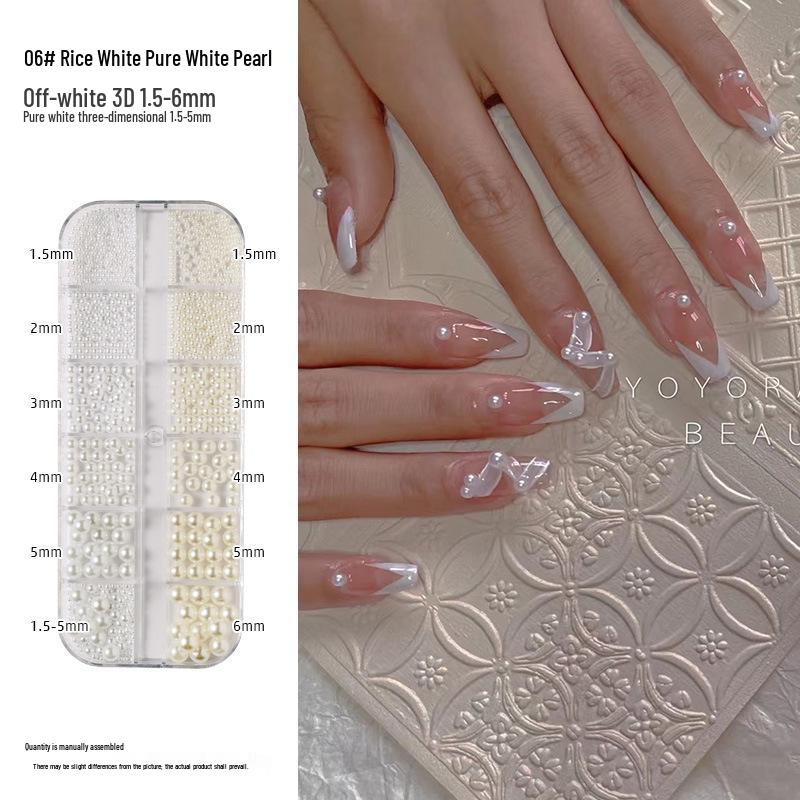 12-Grid Nail Art Pearls: Off-White Mixed Sizes, No Holes, Semi-Circular Boxed Decorations